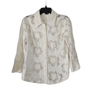 ETCETERA Cotton Blend 3/4 Sleeve Floral Eyelet Button Down Size 14